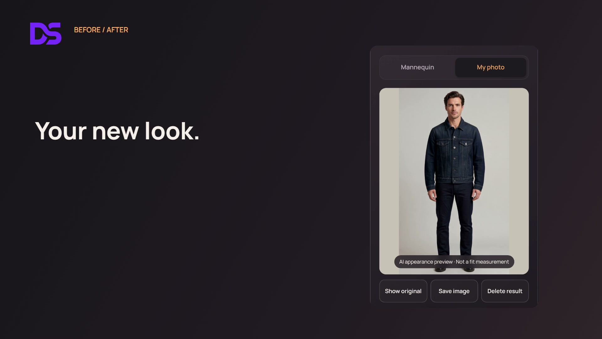 Seçilen denim ceketi giyen kurgusal bir kişiyi gösteren Clothing uygulaması önizlemesi