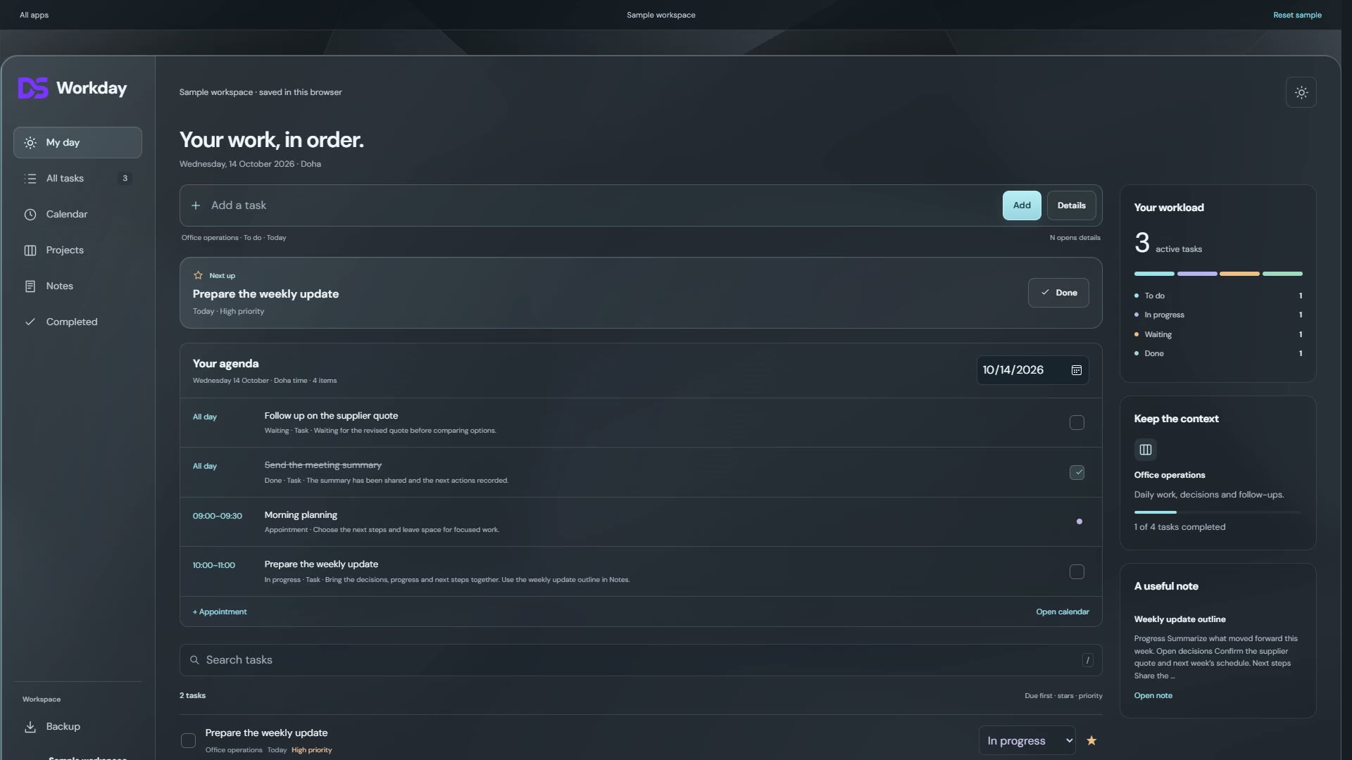 Görevleri, öncelikleri ve proje gezinmesini gösteren Workday örnek çalışma alanı