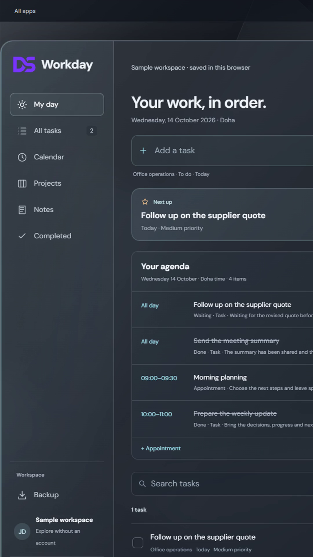مساحة ⁦Workday⁩ تجريبية تعرض المهام والأولويات والتنقل بين المشاريع
